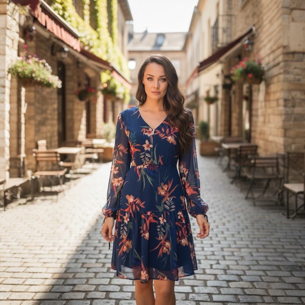 Standards & Practices Floral V-Neck Chiffon Dress XL